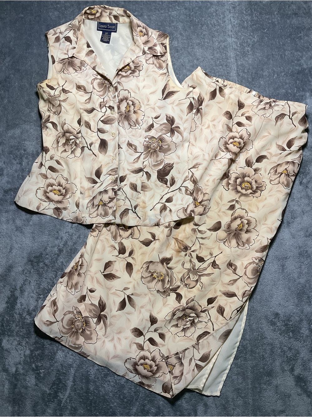 Laura Scott Floral Sleeveless Top & Skirt Set in Cream and Brown